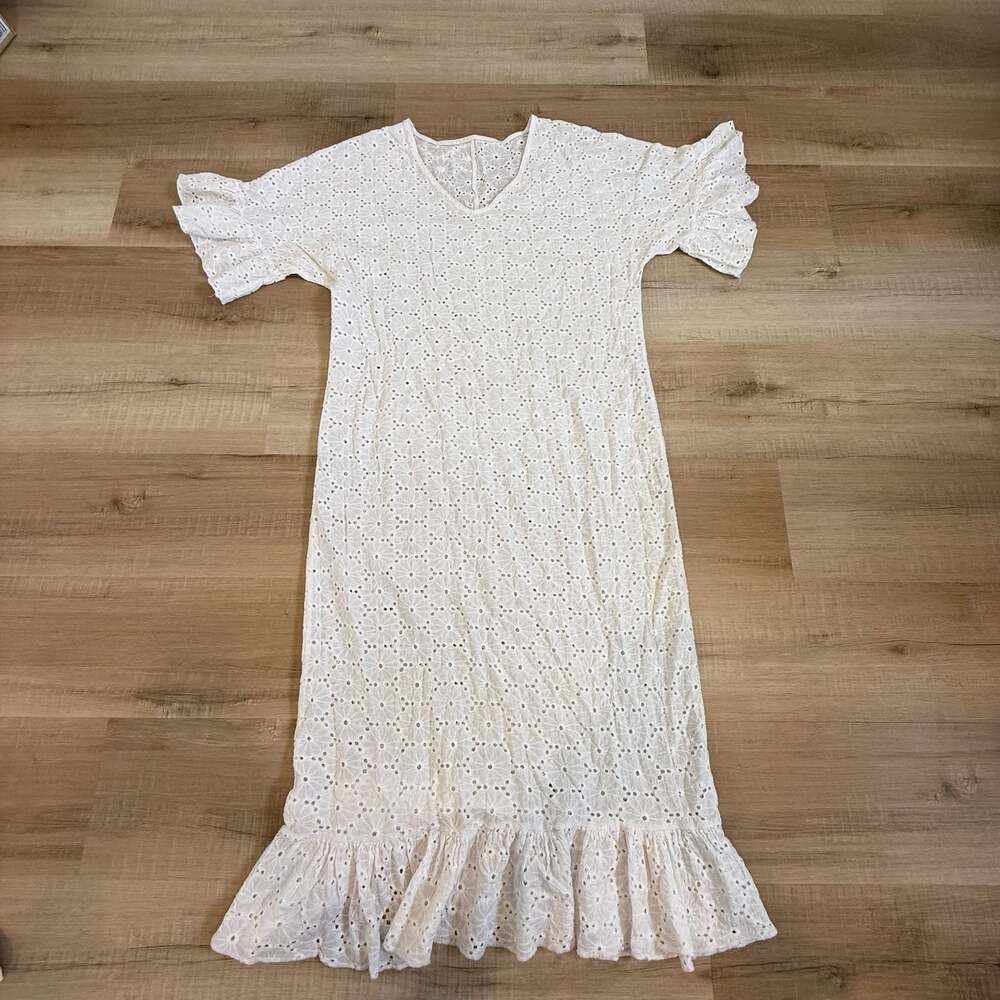 Romantic White Eyelet Maxi Sundress 100% Cotton Ruffle Flutter Sleeve and trim